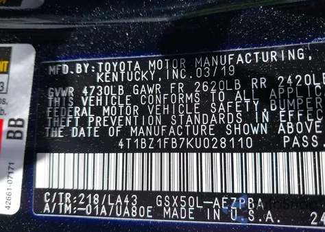 2019 Toyota Avalon Limited/Touring/Xle/Xse из США, поврежденный, VIN 4T1BZ1FB7KU028110